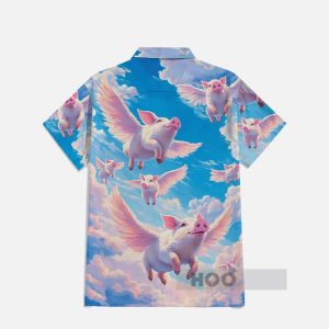Fantasy Winged Pigs Printing Breast Pocket Short Sleeve Shirt1