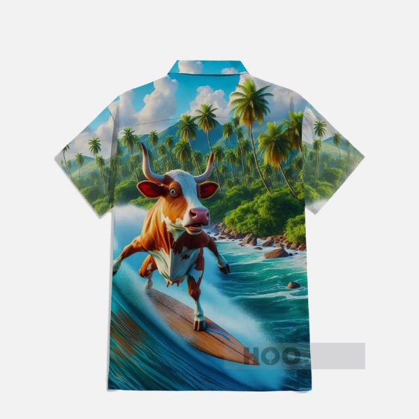 Abstract Funny Hawaiian Surfing Cow Printing Breast Pocket Short Sleeve Shirt