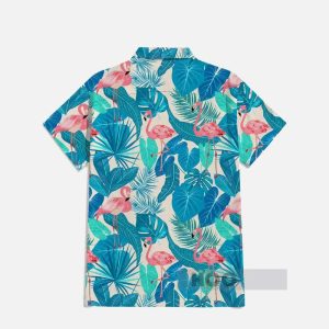 Dark Teal Classic Hawaiian Leaves And Flamingos Printing Breast Pocket Short Sleeve Shirt1
