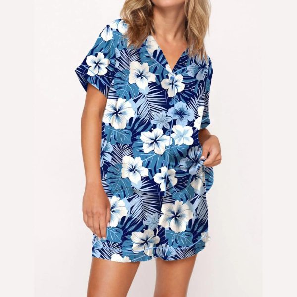Blue Hawaiian Floral Silky Satin Pajama Set