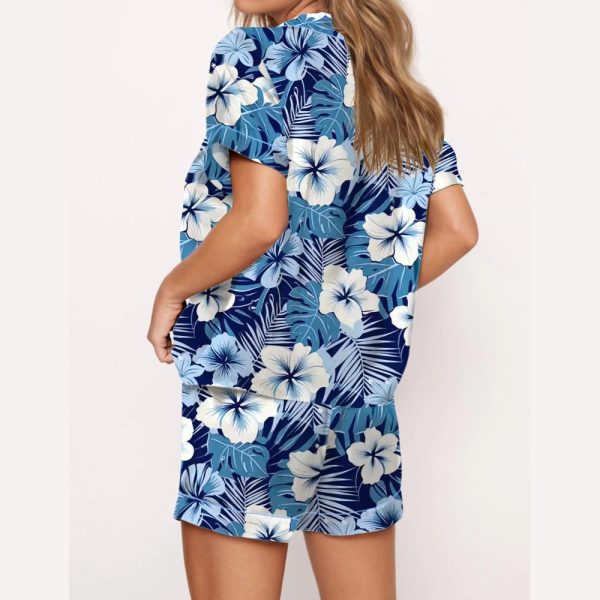 Blue Hawaiian Floral Silky Satin Pajama Set