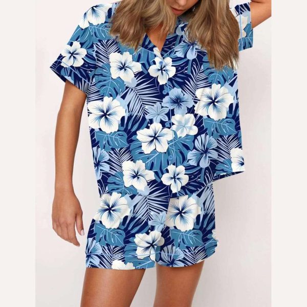 Blue Hawaiian Floral Silky Satin Pajama Set