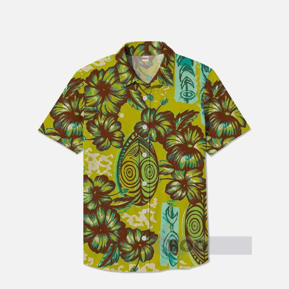 Casual Green Hawaiian Florals And Tribal Art Printing Breast Pocket Short Sleeve Shirt Casual Green Hawaiian Florals And Tribal Art Printing Breast Pocket Short Sleeve Shirt