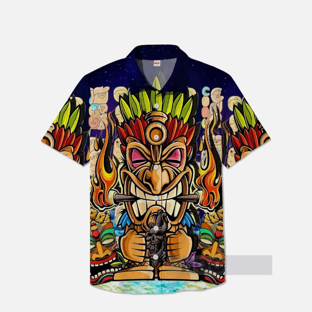 Classic Cartoon Hawaiian Tikis Printing Breast Pocket Short Sleeve Shirt Classic Cartoon Hawaiian Tikis Printing Breast Pocket Short Sleeve Shirt