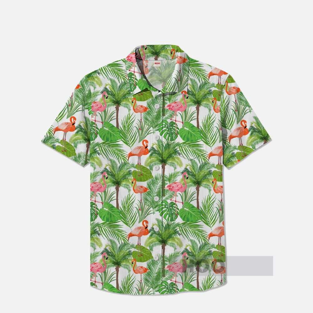 Classic Hawaiian Palm Trees And Flamingos Printing Breast Pocket Short Sleeve Shirt Classic Hawaiian Palm Trees And Flamingos Printing Breast Pocket Short Sleeve Shirt