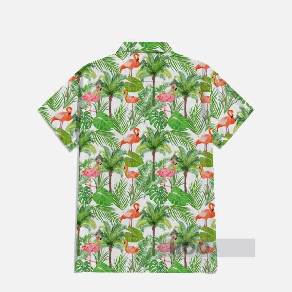 Classic Hawaiian Palm Trees And Flamingos Printing Breast Pocket Short Sleeve Shirt