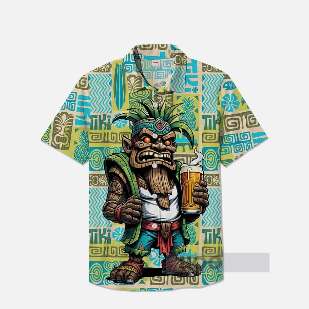 Classic Hawaiian Tribal Pattern Background And Beer Tiki Printing Short Sleeve Shirt Classic Hawaiian Tribal Pattern Background And Beer Tiki Printing Short Sleeve Shirt