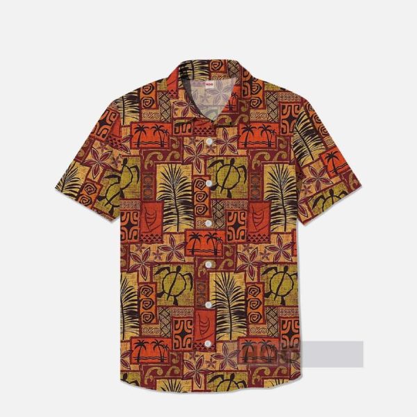Classic Hawaiian Tribal Pattern Turtles And Leaves Patchwork Printing Breast Pocket Short Sleeve Shirt