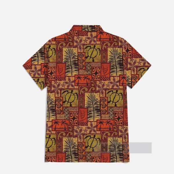 Classic Hawaiian Tribal Pattern Turtles And Leaves Patchwork Printing Breast Pocket Short Sleeve Shirt