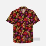Classic Tikis And Brightly Colored Florals Hawaiian Printing Breast Pocket Short Sleeve Shirt