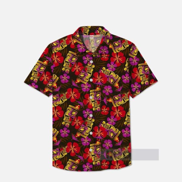 Classic Tikis And Brightly Colored Florals Hawaiian Printing Breast Pocket Short Sleeve Shirt