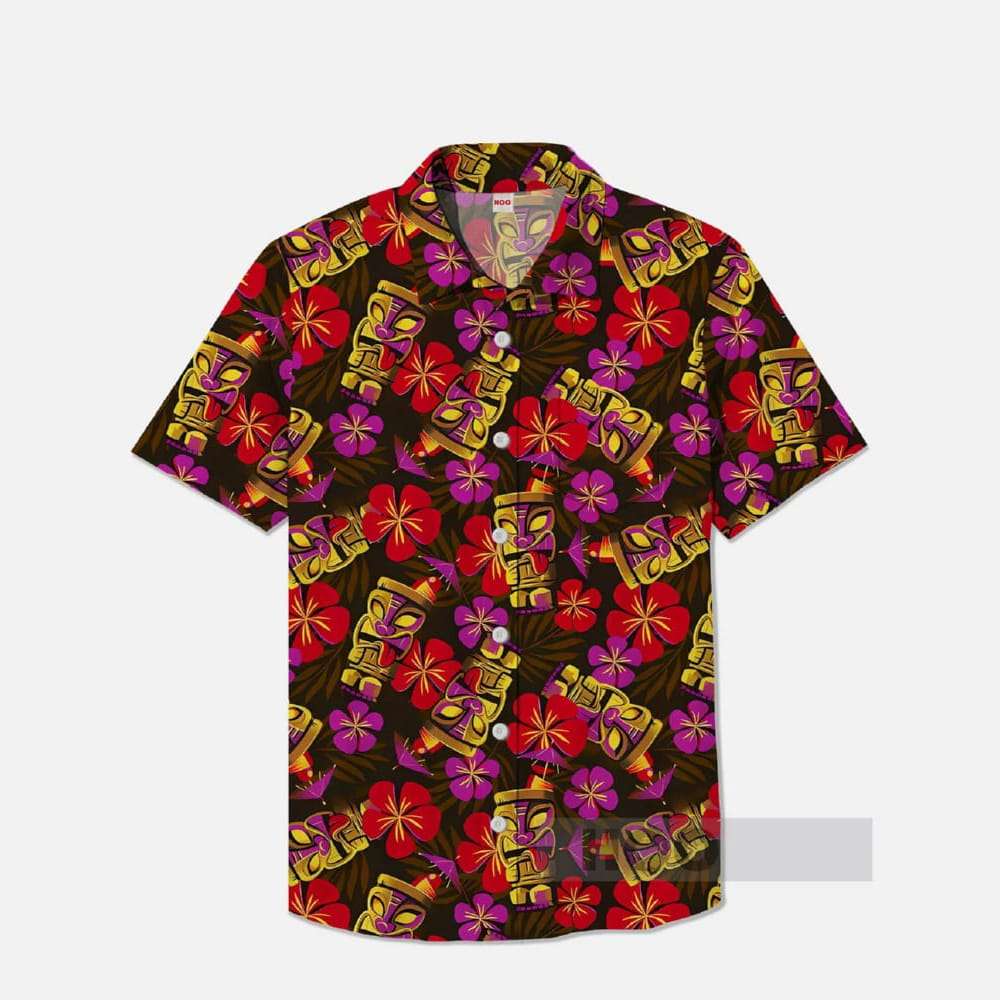 Classic Tikis And Brightly Colored Florals Hawaiian Printing Breast Pocket Short Sleeve Shirt Classic Tikis And Brightly Colored Florals Hawaiian Printing Breast Pocket Short Sleeve Shirt