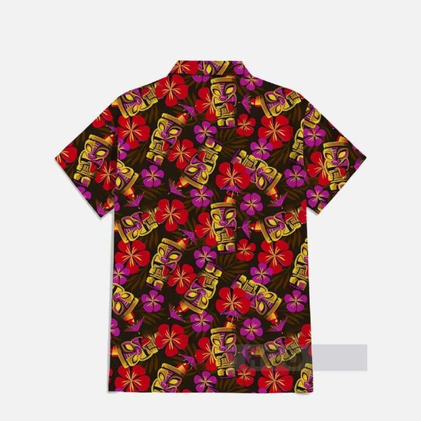 Classic Tikis And Brightly Colored Florals Hawaiian Printing Breast Pocket Short Sleeve Shirt