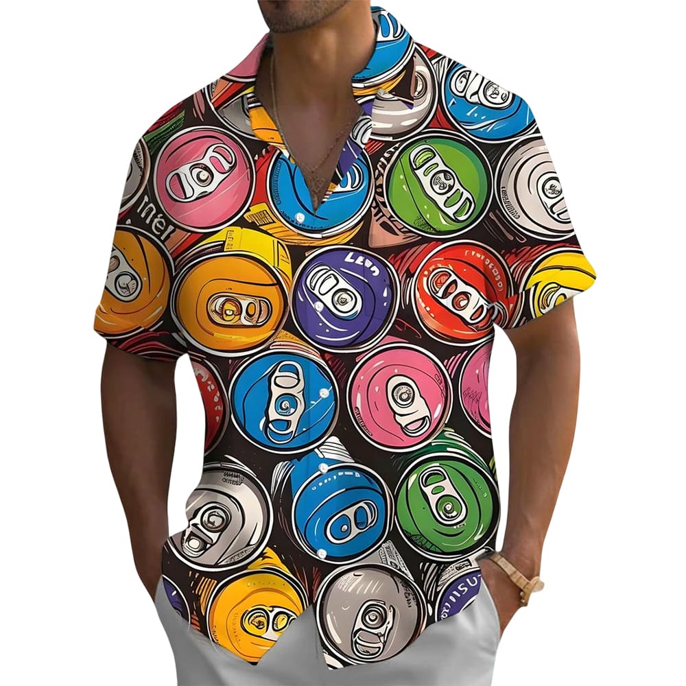 Colorful Cans Print Mens Pocket Short Sleeve Shirts Colorful Cans Print Men's Pocket Short Sleeve Shirts