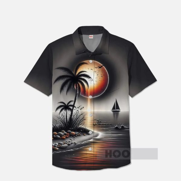 Dark Style Hawaii Coconut Tree Shadows Printing Breast Pocket Short Sleeve Shirt