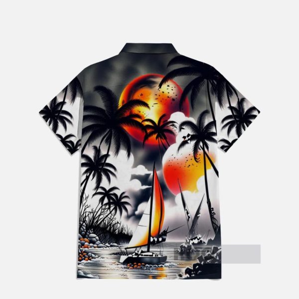 Dark Style Hawaii Orange Sun And Coconut Tree Shadows Printing Breast Pocket Short Sleeve Shirt