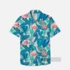 Dark Teal Classic Hawaiian Leaves And Flamingos Printing Breast Pocket Short Sleeve Shirt