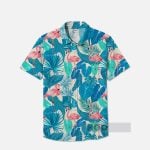 Dark Teal Classic Hawaiian Leaves And Flamingos Printing Breast Pocket Short Sleeve Shirt