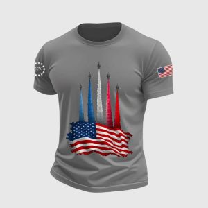 Mens Independence Day American Flag Jet Planes Print Casual Tee4