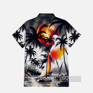 Dark Style Hawaii Orange Sun And Coconut Tree Shadows Printing Breast Pocket Short Sleeve Shirt1