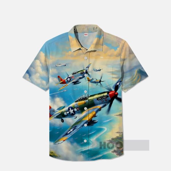 Fighter Series Fighters And The Seaside Printing Breast Pocket Short Sleeve Shirt