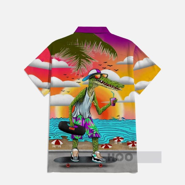 Funny Animal Poster Hawaiian Skateboarding Alligator Printing Short Sleeve Shirt