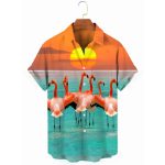 Hawaiian Flamingo Sunset Men's Pocket Short Sleeve Shirts