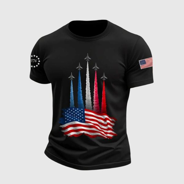 Men’s Independence Day American Flag Jet Planes Print Casual Tee