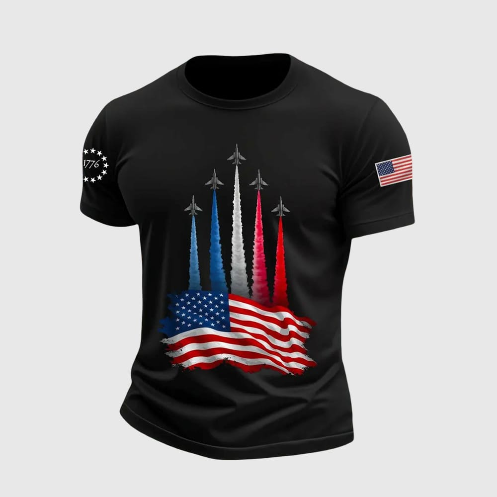 Mens Independence Day American Flag Jet Planes Print Casual Tee Mens Independence Day American Flag Jet Planes Print Casual Tee