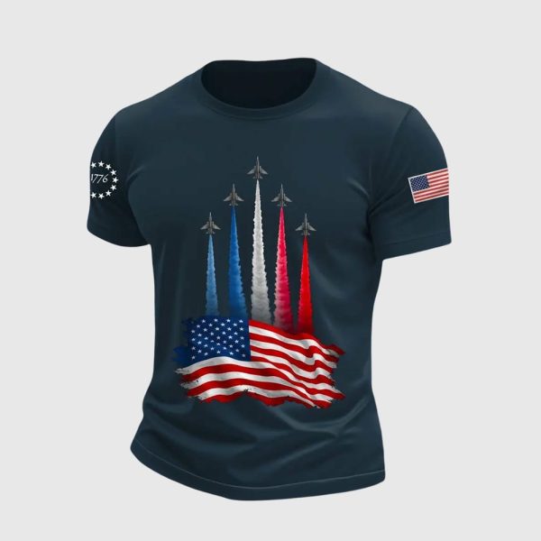 Men’s Independence Day American Flag Jet Planes Print Casual Tee