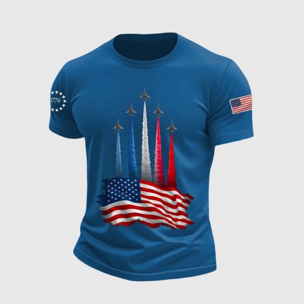 Men’s Independence Day American Flag Jet Planes Print Casual Tee
