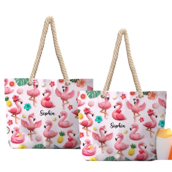 Personalized Love Flamingos Beach Bag