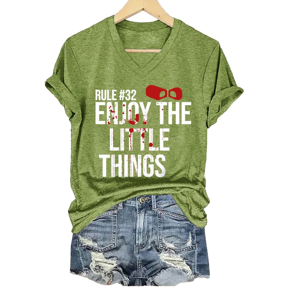 Rule #32 Blood Stains Enjoy The Little Things Print T-Shirt Rule #32 Blood Stains Enjoy The Little Things Print T-Shirt