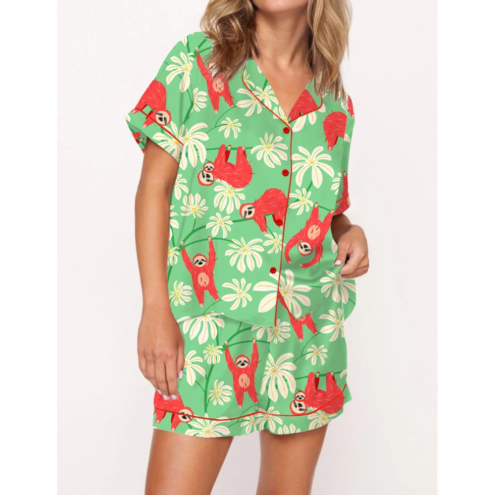 Sloth Floral Silky Satin Pajama Set Sloth Floral Silky Satin Pajama Set