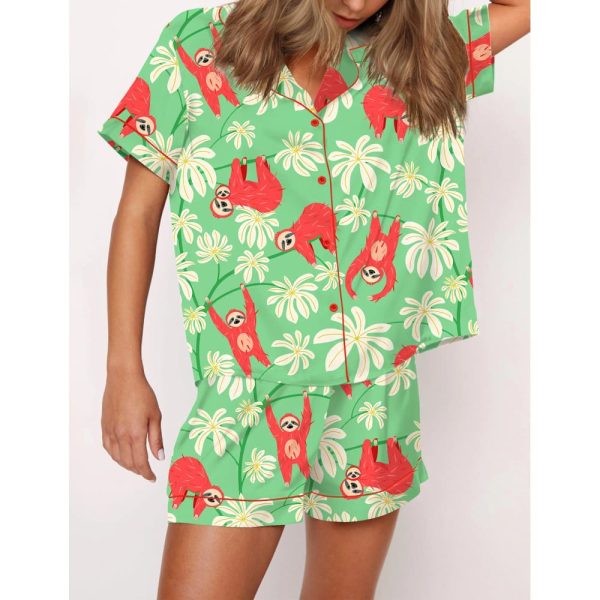 Sloth Floral Silky Satin Pajama Set