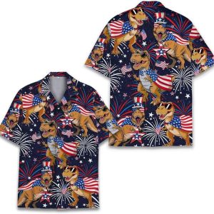T Rex American Patriotic Fireworks 4th Of July Hawaiian Shirt