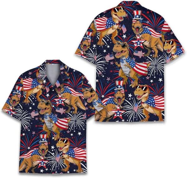 T-Rex American Patriotic Fireworks 4th Of July Hawaiian Shirt