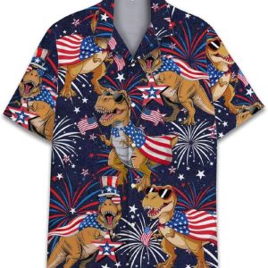 T Rex American Patriotic Fireworks 4th Of July Hawaiian Shirt1