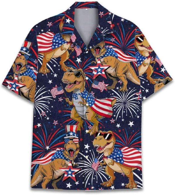 T-Rex American Patriotic Fireworks 4th Of July Hawaiian Shirt