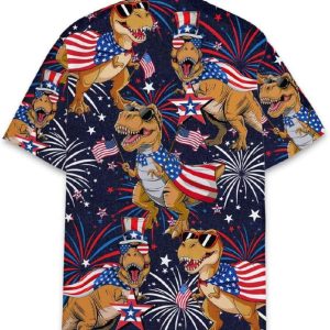 T Rex American Patriotic Fireworks 4th Of July Hawaiian Shirt2