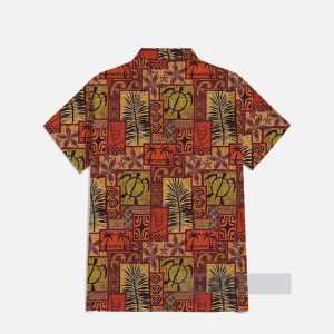 Classic Hawaiian Tribal Pattern Turtles And Leaves Patchwork Printing Breast Pocket Short Sleeve Shirt1