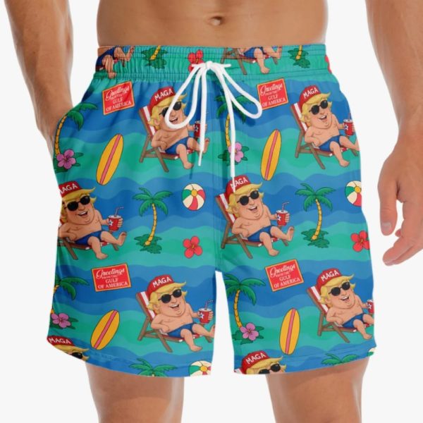 Trump Greeting From The Gulf Of America Flip Flops Palm Trees Liberty Breeze Beach Shorts