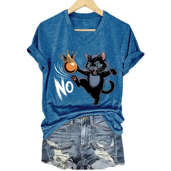 V-Neck Retro Cat And Crown No Kings In America Print T-Shirt