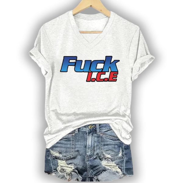 Women V-Neck Retro Abolish ICE Print T-Shirt