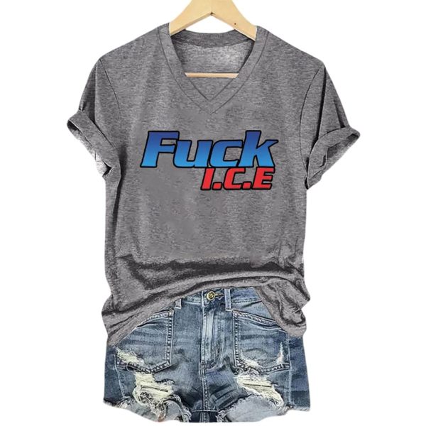 Women V-Neck Retro Abolish ICE Print T-Shirt