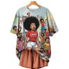 Women’s Black Protest War Cartoon Art Print Casual T-Shirt