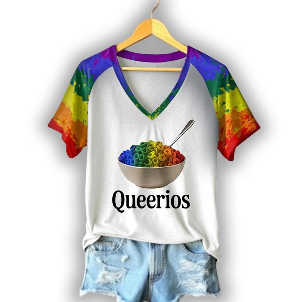 Womens Queerios Pride Month Print V Neck T Shirt Women's Queerios Pride Month Print V Neck T-Shirt