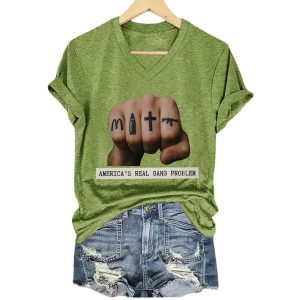 V-Neck Retro America’s Real Gang Problem Print T-Shirt