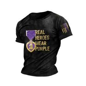 Men’s Retro Purple Heart Day Purple Heart Real Heroes Wear Purple Print T-Shirt