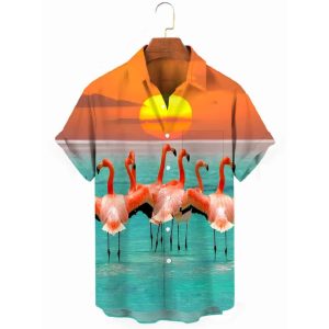 Hawaiian Flamingo Sunset Men's Pocket Short Sleeve Shirts